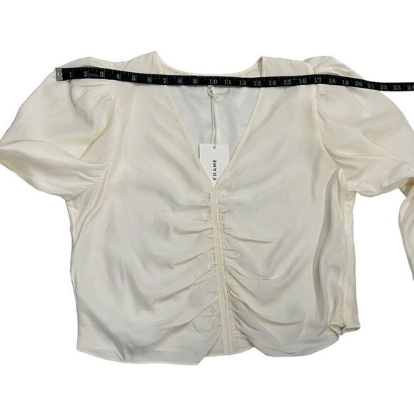 Frame NEW !! Long-Sleeve Ruched Silk Blouse Off-White V-Neck Size Medium - Picture 11 of 14